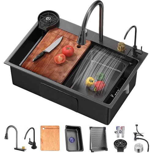 ECTbicyk Single Bowl Stainless Steel Waterfall Kitchen Sink