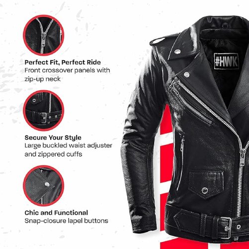 Hawk Sports Leather Motorcycle Jacket For Women (Brando) - (Black) - #303 - Image 3