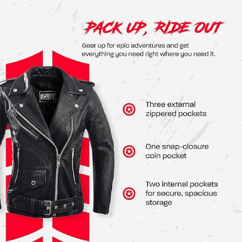 Hawk Sports Leather Motorcycle Jacket For Women (Brando) - (Black) - #303 - Image 7