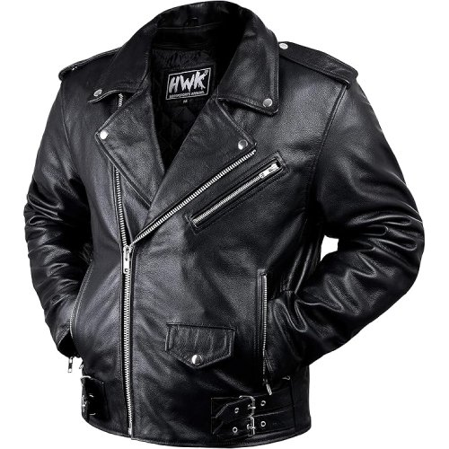 Hawk Sports Leather Motorcycle Jacket For Men (Brando) - (Black, Small) - #403