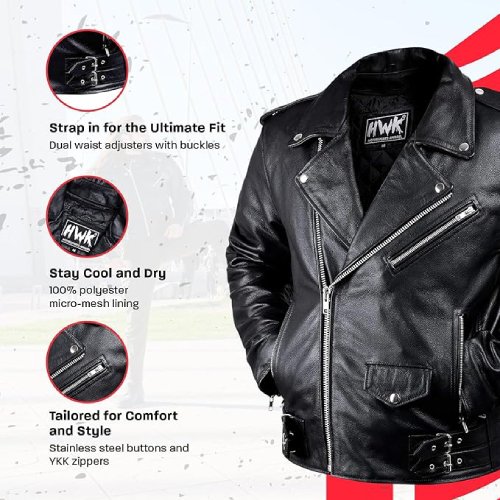 Hawk Sports Leather Motorcycle Jacket For Men (Brando) - (Black, Small) - #403 - Image 4