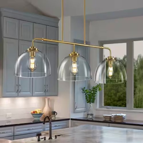 3-Light Gold Shaded Pendant Light with Transparent Glass Moder Chandeliers, Brushed Gold (Like New) - F171 - Image 3