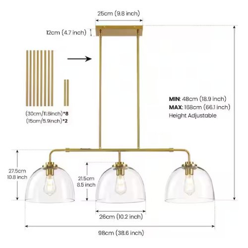 3-Light Gold Shaded Pendant Light with Transparent Glass Moder Chandeliers, Brushed Gold (Like New) - F171 - Image 5