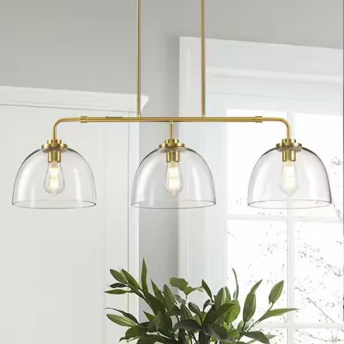 3-Light Gold Shaded Pendant Light with Transparent Glass Moder Chandeliers, Brushed Gold (Like New) - F171
