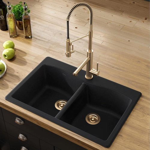 Forteza 33" Double Mount 50\50 and Bowl Black Granite Kitchen Sink (Like New) - F175