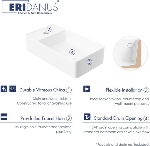 Eridanus 18" x 10'' White Ceramic Rectangular Wall Mount/Vessel Bathroom Sink (Slightly Damaged) (New) - F110 - Image 2