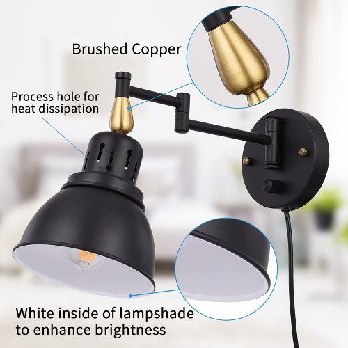 TRLIFE Plug-In Wall Sconces Set of 2 - Dimmable Swing Arm Wall Lights (Like New) - F122 - Image 4