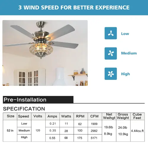 Tangkula Ceiling Fan with Crystal Light (Like New) - F130 - Image 3
