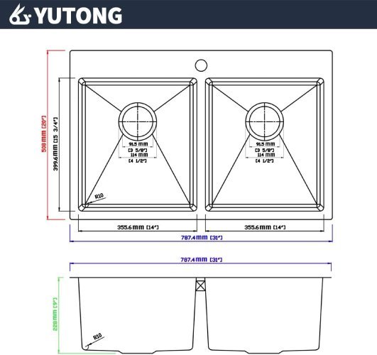 Yutong 31" x 20" Top-mount/Drop in Stainless Steel Double Bowl Kitchen Sink (Like New) - F169 - Image 2