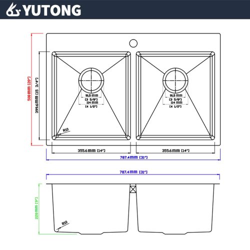 Yutong 31" x 20" Top-mount/Drop in Stainless Steel Double Bowl Kitchen Sink (Good) - F166 - Image 3