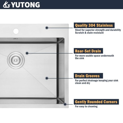Yutong 31" x 20" Top-mount/Drop in Stainless Steel Double Bowl Kitchen Sink (Good) - F166 - Image 4