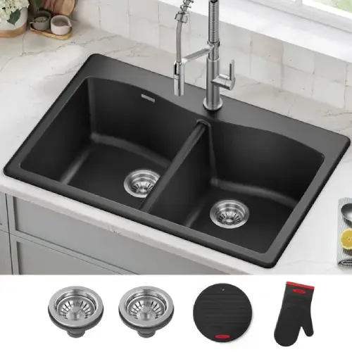 Forteza 33" Double Mount 50\50 Double Bowl Black Granite Kitchen Sink (Like New) - F168