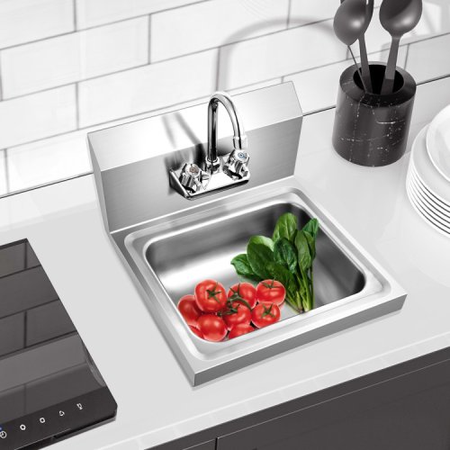 Stainless Steel Sink Wall Mount Hand Washing Sink with Faucet and Back Splash, (Good) - F218