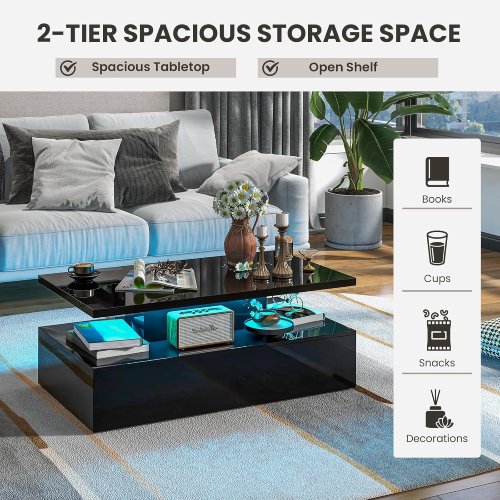 LED Coffee Table, Modern High Gloss Coffee Table w/ 20-Color LED Lights (Good) - F219 - Image 2