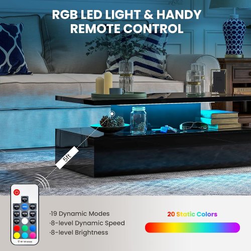 LED Coffee Table, Modern High Gloss Coffee Table w/ 20-Color LED Lights (Good) - F219 - Image 3