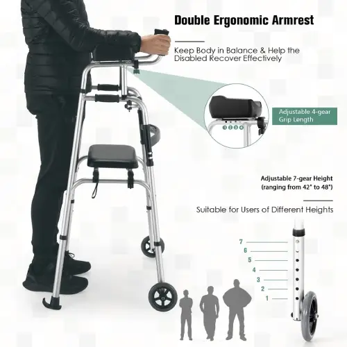 Costway Foldable Aluminum Alloy Walker Wheel Walking Frame W/ Seat (Like New) - F221 - Image 5