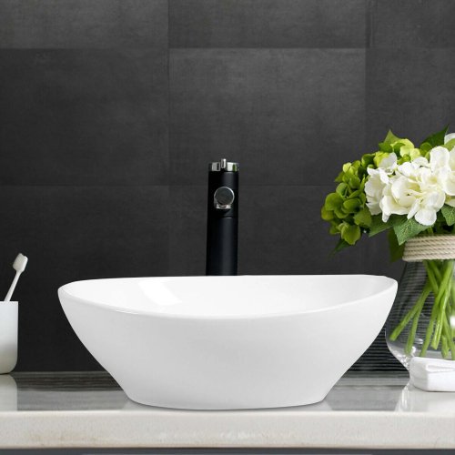 Costway White Ceramic Vessel Oval Bathroom Sink with Drain Included (Like New) - F317