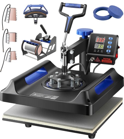 VEVOR Heat Press Machine 15 x 15 Inch 360° Rotation Swing Away 8 in 1 Shirt Printing Machine Dual-Tube Heating for DIY T-Shirts Cap & Mugs Blue - F337