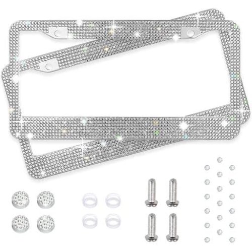 Crystal Bling License Plate Frames for Women Handcrafted Acrylic Bedazzled Cover - Crystal (Pack of 2)