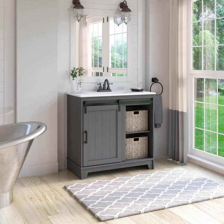 Twin Star Home 36 in. Antique Gray Vanity with Vitreous China Vanity Top and Basin and Barn Door (Like New) - F18