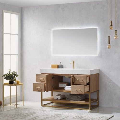 Vinnova Alistair 48 in Free-Standing Bath Vanity with White Grain Stone Top, Oak (Like New) - F21
