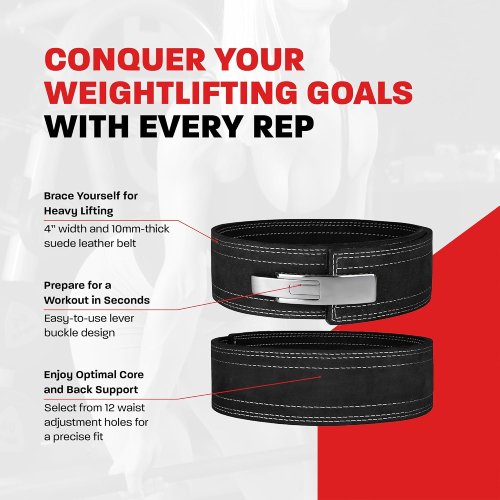 Lever Belt 10mm Belt For Men & Women Buckle Strongman Power Weightlifting Belts, Large (38"-44") - Black - Image 2