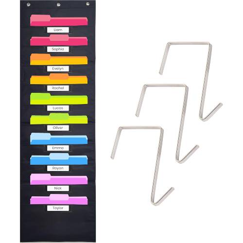Hippo Creation Heavy Duty Storage Pocket Chart for Classroom with 10 Nametag Pockets, 3 Overdoor Hangers Included (Black)