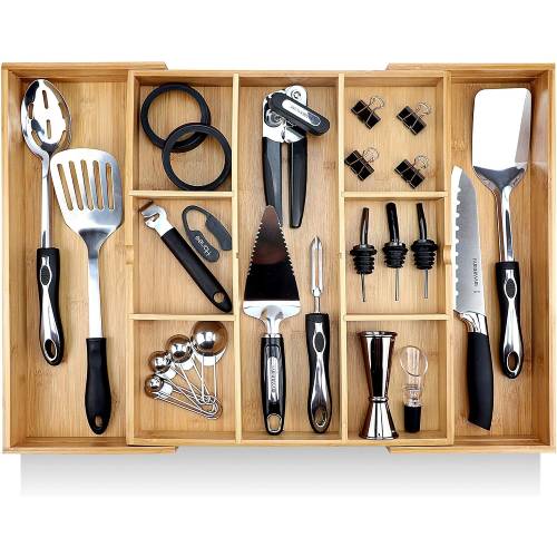 Pristine Bamboo Expandable Drawer Dark Wooden Silverware Divider (10 Compartments), 17” x 14.6” - Brown