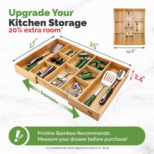 Pristine Bamboo Expandable Drawer Dark Wooden Silverware Divider (10 Compartments), 17” x 14.6” - Brown - Image 2