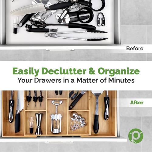 Pristine Bamboo Expandable Drawer Dark Wooden Silverware Divider (10 Compartments), 17” x 14.6” - Brown - Image 4