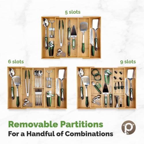 Pristine Bamboo Expandable Drawer Dark Wooden Silverware Divider (10 Compartments), 17” x 14.6” - Brown - Image 5
