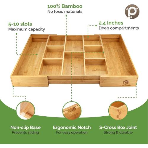 Pristine Bamboo Expandable Drawer Dark Wooden Silverware Divider (10 Compartments), 17” x 14.6” - Brown - Image 6