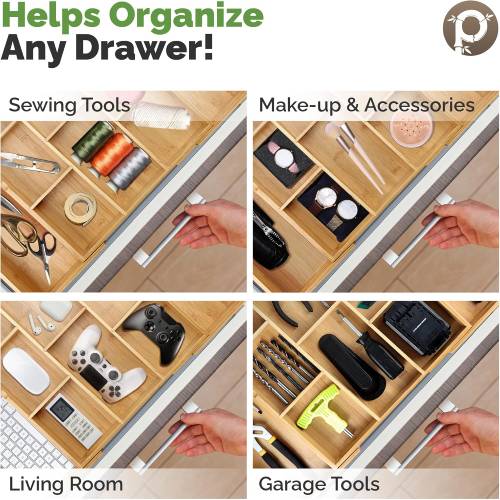 Pristine Bamboo Expandable Drawer Dark Wooden Silverware Divider (10 Compartments), 17” x 14.6” - Brown - Image 7