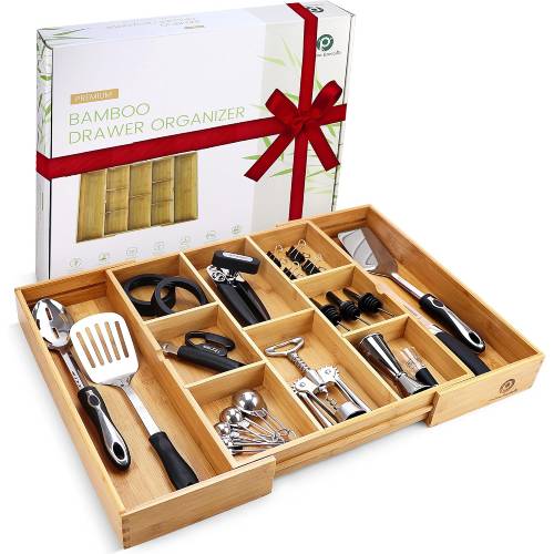 Pristine Bamboo Expandable Drawer Dark Wooden Silverware Divider (10 Compartments), 17” x 14.6” - Brown - Image 9