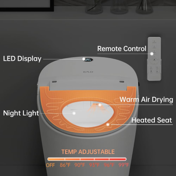 EPLO Modern Elongated One Piece Bidet Toilet with Warm Water, Dual Auto Flush Electric Tankless Toilets with LED Display E16 (Like New) - F65 - Image 7