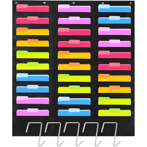 Heavy Duty Storage Pocket Chart for Classroom, 5 Overdoor Hangers Included - 30 Pockets (Black)