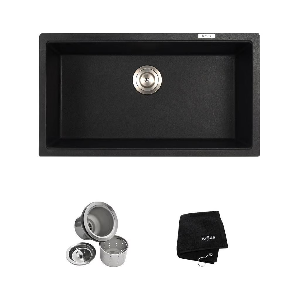 Kraus Undermount Granite Composite 32" Single Basin Kitchen Sink Kit in Black (Like New) - F47