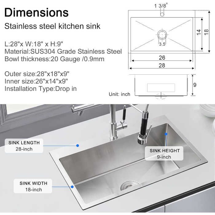 MENATT 28" Drop-in Kitchen Sink, 304 Stainless Steel Topmount Handmade Residential Sink (Like New) - F40 - Image 3