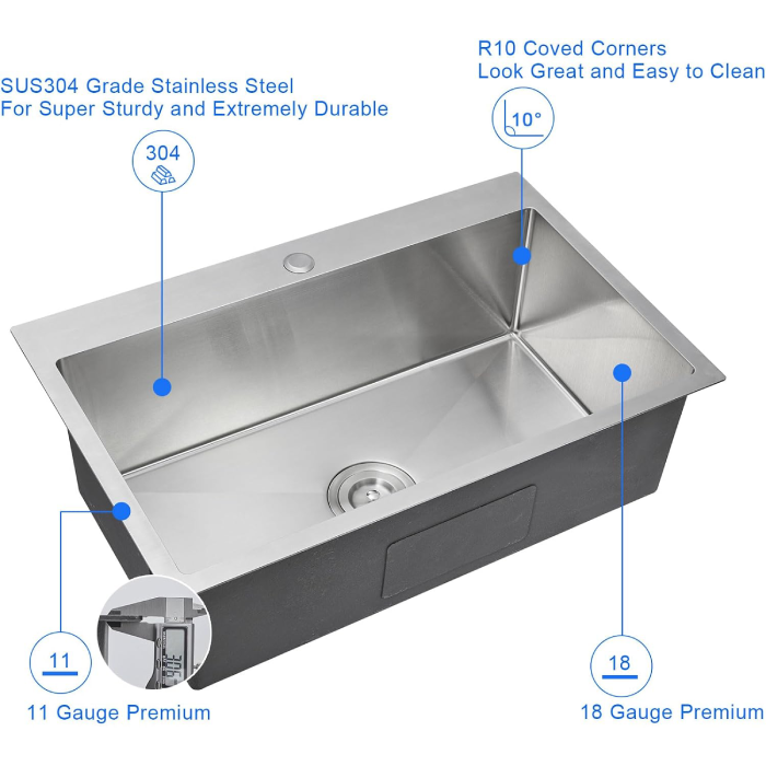 MENATT 28" Drop-in Kitchen Sink, 304 Stainless Steel Topmount Handmade Residential Sink (Like New) - F40 - Image 4