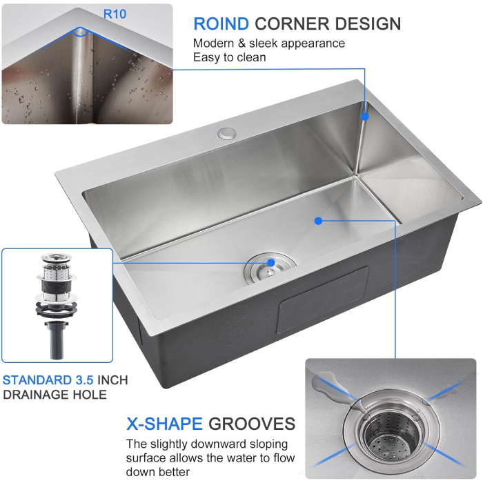 MENATT 28" Drop-in Kitchen Sink, 304 Stainless Steel Topmount Handmade Residential Sink (Like New) - F40 - Image 5