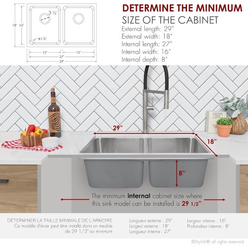 Stylish S-414TG 29" x 18" Stainless Steel Double Bowl Kitchen Sink, Drop-In/Undermount (Like New) - F53 - Image 7