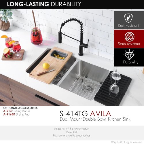Stylish S-414TG 29" x 18" Stainless Steel Double Bowl Kitchen Sink, Drop-In/Undermount (Like New) - F53 - Image 6