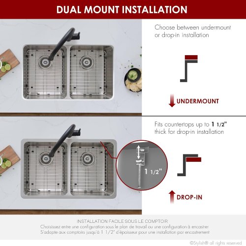 Stylish S-414TG 29" x 18" Stainless Steel Double Bowl Kitchen Sink, Drop-In/Undermount (Like New) - F53 - Image 5
