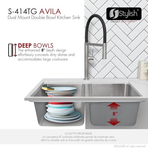 Stylish S-414TG 29" x 18" Stainless Steel Double Bowl Kitchen Sink, Drop-In/Undermount (Like New) - F53 - Image 4