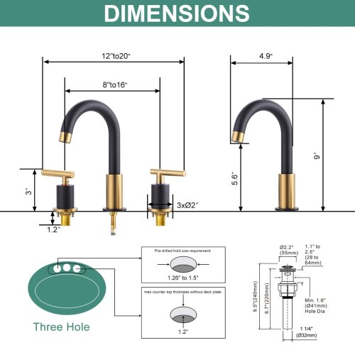 WOWOW Black and Gold Widespread 2 Handle Bathroom Sink Faucet with Drain (Like New) - F717 - Image 2