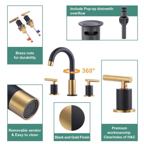 WOWOW Black and Gold Widespread 2 Handle Bathroom Sink Faucet with Drain (Like New) - F717 - Image 3