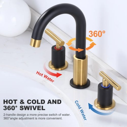 WOWOW Black and Gold Widespread 2 Handle Bathroom Sink Faucet with Drain (Like New) - F717 - Image 4