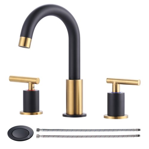 WOWOW Black and Gold Widespread 2 Handle Bathroom Sink Faucet with Drain (Like New) - F717 - Image 5