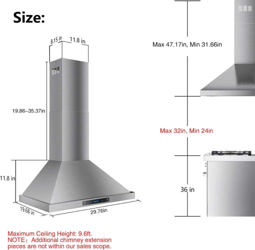 IKTCH 30″ 900 CFM Stainless Wall Mount Range Hood (Like New) - F251 - Image 6