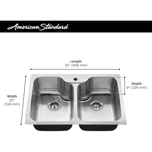 American Standard Fairacres 33" x 22" Stainless Steel Double Bowl Kitchen Sink (Like New) - F504 - Image 3